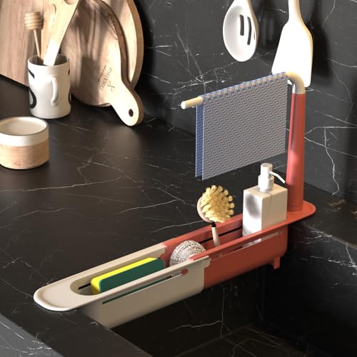 Telescopic Sink Storage Rack with 2 Sponge - Sink Caddy Sponge Holder for kitchen sink(Pink) - color: Pink