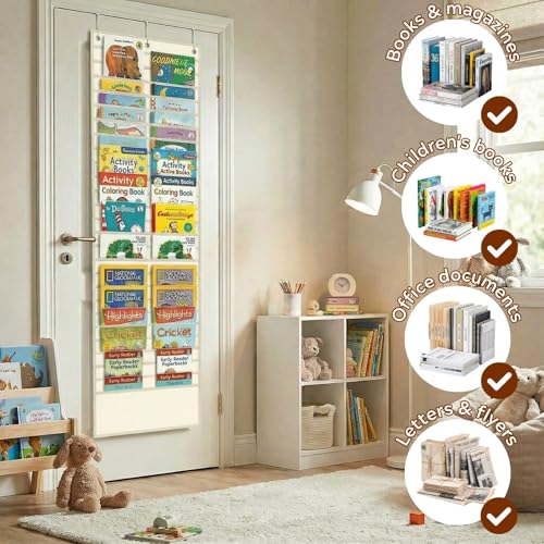 26-Pocket Over The Door File Organizer - Vertical Hanging Storage for Magazines, Documents & Paper, Heavy-Duty Door Organizer for Office, Classroom & Home - color: Beige