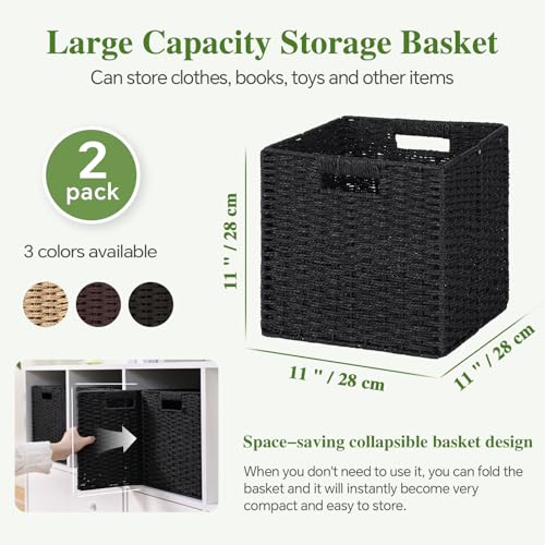 Woven Wicker Storage Baskets 2-Pack, 11x11 Handwoven Paper Rope Organizer Bins, Foldable Cube Storage Cubes with Built-in Handles for Shelves and Closet Organization(Classic Black) - color: Classic Black, size: 2 Pack