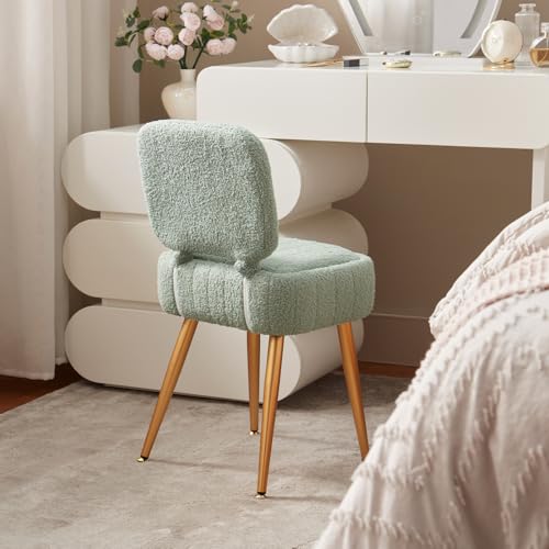 Updated Vanity Chair, Storage Ottoman with Folding Back & Gold-Toned Metal Legs, Ottoman Seat with Teddy Velvet for Dressing Room Living Room Bedroom, 15" x 12" Inch - color: Green, size: 15" x 12"