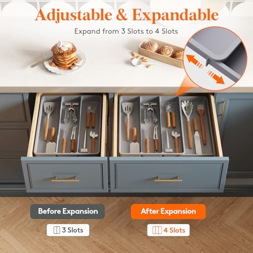 Lifewit Utensil Organizer for Kitchen Drawer, Expandable Cooking Silverware Tray, Adjustable Cutlery Flatware Holder, Plastic Spatula Tools Storage Divider, 17.3 x 15.8", Gray - color: Gray, size: 17.3*15.8*1.8 inch (4 Slots)