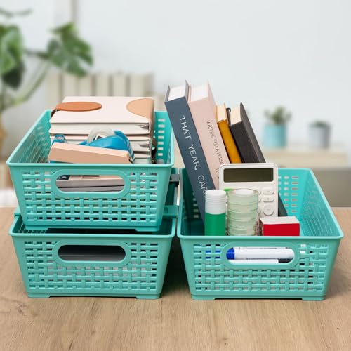 Tiawudi Stackable Woven Plastic Basket, Storage Bins for Cabinet, Closet, Shelf, Under Sink and Countertop, Pantry Organizer Bins, 6 Pack - color: Mint