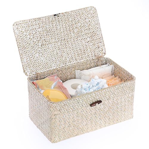 Sumnacon Wicker Basket with Lid Rectangle Woven Baskets for Toiletries Tampon Storage,Wicker Storage Basket with Lid,Decorative Seagrass Storage Baskets for Shelf Bathroom Toilet Table,Whitewash - color: Whitewash, size: Medium