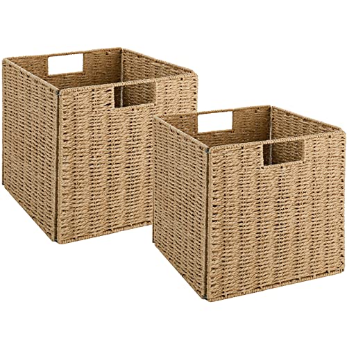 Vagusicc Wicker Storage Basket, Set of 2 Hand-Woven Storage Baskets for Shelves with Handles Foldable Cube Storage Baskets Bins, 9 inch Wicker Baskets for Pantry Bedroom Organizer &Decor, Natural - color: Natural, size: 9'' x 9'' x 9''