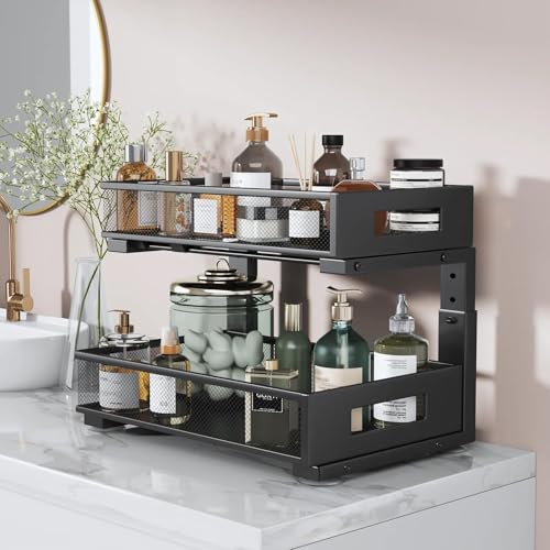 1 Pack 17IN Depth Under Sink Organizer, 2-Tier Pull Out Cabinet Organizer With Smooth Circular Rail, Large Capacity Metal Mesh Sliding Drawers For Bathroom& Kitchen Storage,Height Adjustable –Black - color: Black, size: 1 Pack-17"Dx11.6"-16.7" H