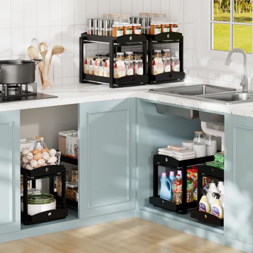 Bamboo Wood Under Sink Organizer 1 Pack, Pull Out Cabinet Organizer 2 Tier Under Sink Organizers and Storage with Sliding Drawer Sturdy Easy Assembly for Kitchen Bathroom Undersink (Black, 2 Packs) - color: Black
