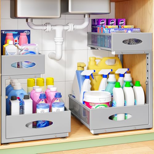 Under Sink Organizer, 1-Pack Pull Out Cabinet Organizer 2 Tier Metal Slide Out Storage Shelf Rack, L-Shaped Adjustable Height,Mesh Sliding Drawer for Kitchen, Bathroom, Laundry, Pantry, Grey, XL - color: Grey, size: 1-Pack (XL)