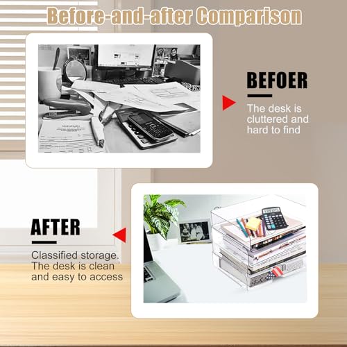 Clear Stackable Paper Trays 4 Pack, PET Letter Tray Desk Organizer, Desktop Organizers and Storage for Books, Magazines, Folders, A4 Size File Paper, Office Supplies - color: Clear, size: 4 Count (Pack of 1)