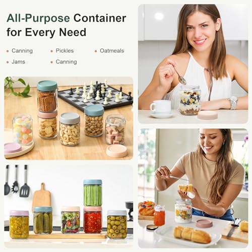 NETANY 12-pack 16oz Glass jars with Airtight Lids, Overnight Oats Containers with Lids, Wide mouth Mason Salad jars, Glass Food Storage Containers for Snacks Yogurt Spice Sugar - color: Multicolor-12pack-16oz