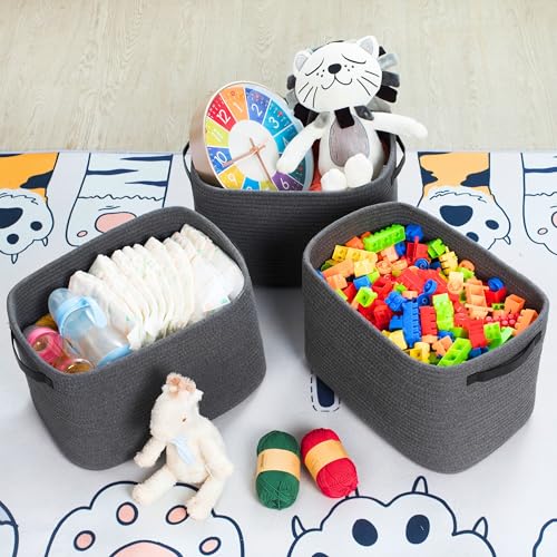 MINTWOOD Design 3-Pack Decorative Woven Storage Baskets for Shelves, Cube Bin Box for Organizing Books, Shoes, Dog Toys, Pantry Closet and Living Room Organizer, Charcoal / Black - color: Charcoal Gray / Black
