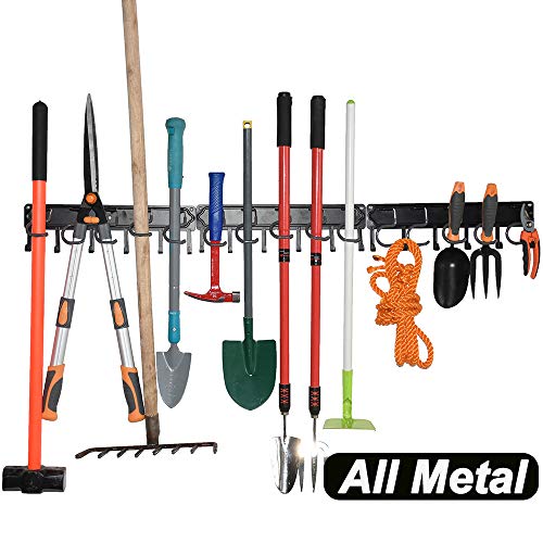 YueTong All Metal Garden Tool Organizer,Adjustable Garage Wall Organizers and Storage,Heavy Duty Wall Mount Holder with Hooks for Broom,Rake,Mop,Shovel.(3 Pack) - size: 51" organizer