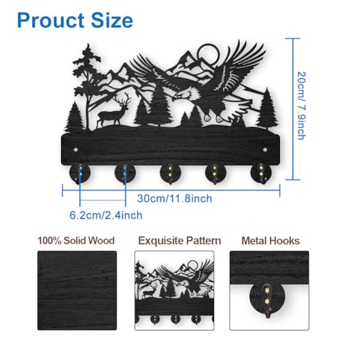 MAYJOYDIY Eagle Deer Forest Coat Hooks Wall Mounted 11.8×7.9inch Black Wooden Eagle Key Holder for Wall 5 Alloy Hooks Wall Art Decor Deer Hangers for Towel Key Kitchen Bedroom Entryway Gifts - color: Eagle