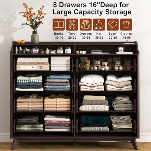 Dresser for Bedroom with 8 Drawers, 55" Large Dresser & Chest of Drawers with Charging Station, Wood Closet Clothes Storage Tall Dressers Organizer for Bedroom Living Room Hallway, Brown - color: Brown, size: 16"D x 55"W x 46"H (8 Drawers)