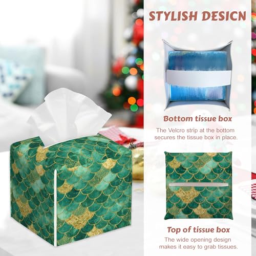 2 Pcs Tissue Box Cover Square,Mermaid Scale Tissue Box Holder Leather Facial Paper Organizer Dispenser for Bathroom Kitchen Bedroom Night Stand Office Desk - color: Mermaid Scale