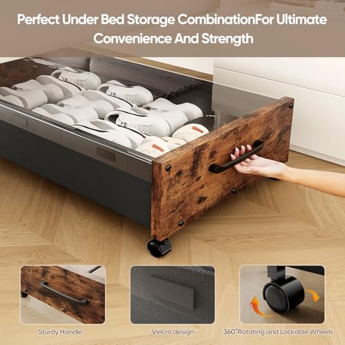 KITHELP Wooden Under Bed Storage with Wheels, Rolling Under the Bed Storage Bins with Removable Lid, Metal Under Bed Drawers for Clothes and Shoes in Bedroom or Living Room(Walnut Brown-2pack) - color: Walnut Brown-2 pack