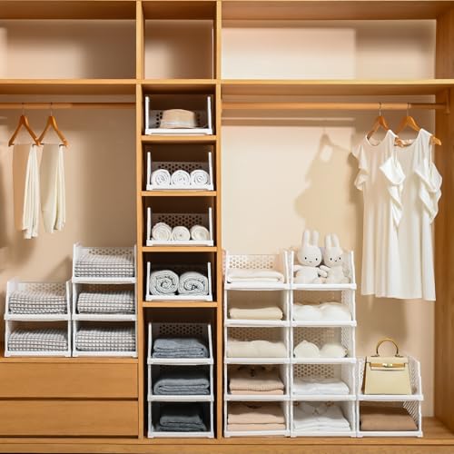 Pull-out Plastic Storage Basket,Stackable Closet Organizers Drawer Anti-Tipping, Reinforced Stable Shelf Container for Bathroom Laundry Room Storage, Space-Saving Clothes Storage (white, Large-5pcs) - size: Large-5pcs