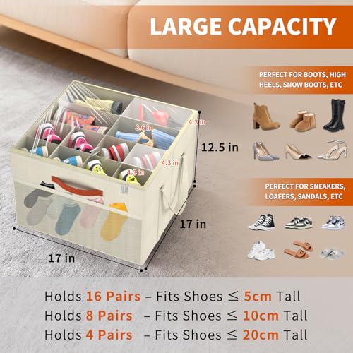 Aokeyee 2 Pack Shoe Organizer for Closet, Foldable Shoe Storage Organizer Box w/Clear Cover and Reinforced Handles, Space Saving Shoes Bin Fits up to 32 Pairs, Beige - color: Beige, size: Fits up to 32 Pairs