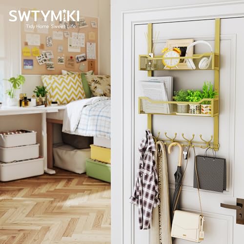 SWTYMIKI Over The Door Hooks Organizer - Multi-Functional Door Hanger with 16 Hooks & 2 Mesh Baskets, Long Coat Rack for Bathroom, Bedroom, Living Room, Home Storage Organizer, Gold - color: Gold