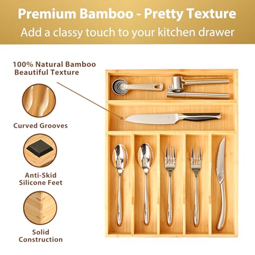Umilife Bamboo Kitchen Drawer Organizer, 13 Inch Silverware Utensil Tray Holder, Extra Deep Grooved Drawer Divider, 7 Slots Total Bamboo Wood Caddy for Flatware Cutlery Knives, Forks, Spoons - size: 13 x 17 Inch (7 Slots)