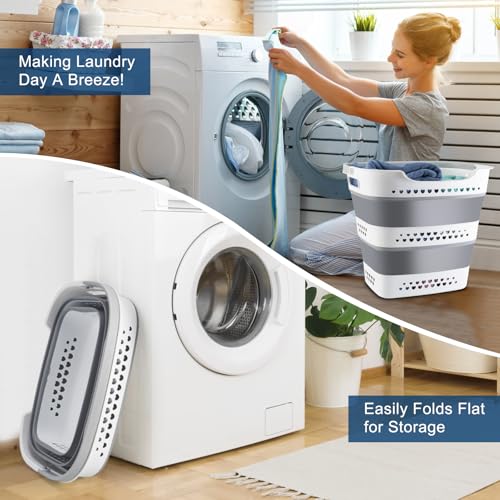 Collapsible Laundry Basket Foldable Pop-Up Laundry Hamper with Comfort Handles Portable Plastic Laundry Storage Basket Organizer Space Saving Dirty Clothes Hamper Container for Home, Dorm (Grey)
