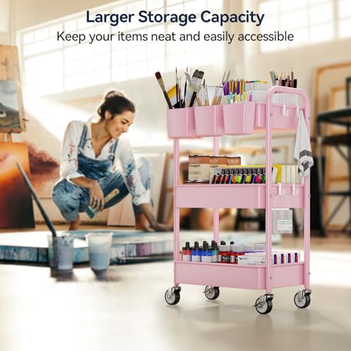 YASONIC 3-Tier Metal Rolling Cart, Heavy Duty Utility Cart with Lockable Wheels, Hanging Cups, Hooks, Mesh Rolling Storage Cart Craft Organizer, Lightweight and Sturdy, Pink - color: Pink