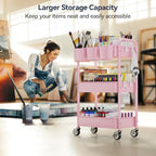 YASONIC 3-Tier Metal Rolling Cart, Heavy Duty Utility Cart with Lockable Wheels, Hanging Cups, Hooks, Mesh Rolling Storage Cart Craft Organizer, Lightweight and Sturdy, Pink - color: Pink