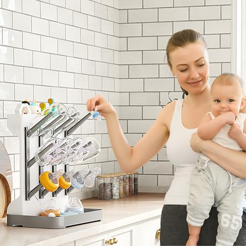 GoMaihe Baby Bottle Drying Rack: Space Saving Vertical Bottle Dryer Holder - Baby Accessories Storage Stand Organize Brushes Pacifiers on Countertop - BPA-Free - Gray - color: Gray