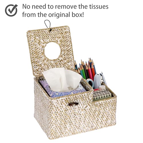 Sumnacon Tissue Box Cover Square Tissue Box Woven Seagrass Tissue Box Holder with Side Organizer, Rustic Tissue Holder for Living Room Bathroom Bedroom Kitchen Office Table Desk, White - color: White