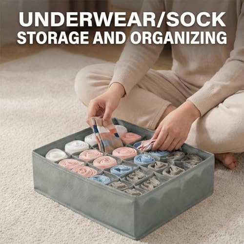 Gray 24 Grid 3 Pack Foldable Underwear Sock Storage Organizer, Non-Woven Fabric Closet Drawer Divider Bins for Socks, Ties, Baby Clothes, Dresser & Wardrobe Organization Boxes (Grey 3 Pack) - color: Gray 3 Pack