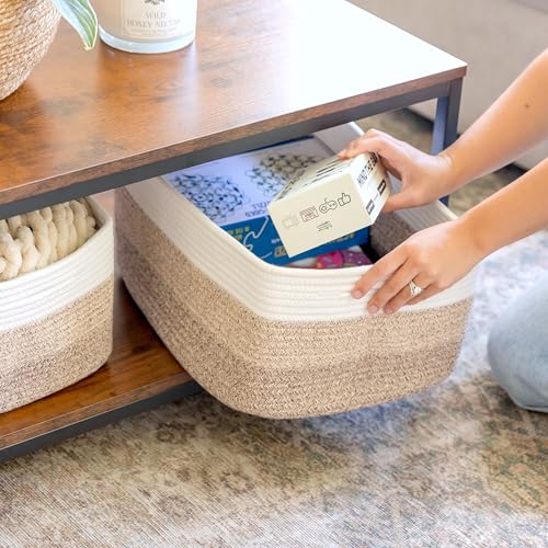 NaturalCozy Storage Baskets 16.8”x13”x7.6” Cotton Rope Woven Baskets for Organizing 3-Pack | Toy Storage Bins | Basket for Shelves, Laundry, Blanket, Clothes, Closet, Kitchen, Bathroom, Gifts - color: 3-Tone Brown