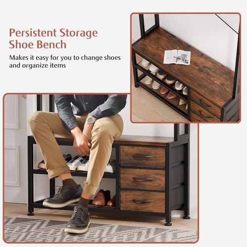 Lulive Hall Tree with Bench and Shoe Storage, 31.5" Coat Rack Freestanding with 2-Tier Storage Shelf, 6-in-1 Entryway Bench Coat Rack with 12 Hooks and 3 Drawers(Rustic Brown) - color: Rustic Brown