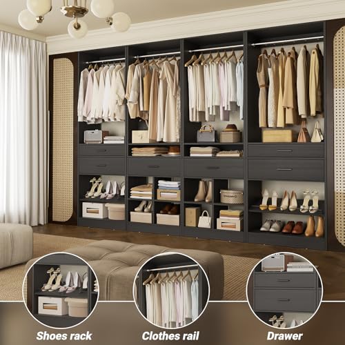 Unikito Closet System, 8.3FT Closet Organizer with 6 Wooden Drawers, Hanging Rods, Adjustable Shoe Rack and Cube Storage, Easy Assembly Wardrobe Tower, Set of 4, Black - color: Black, size: 100 Inch