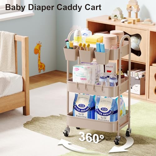 3 Tier Khaki Metal Utility Rolling Cart, Storage Cart with Handle and Lockable Wheels, Multifunctional Organizer Trolley with Mesh Storage Baskets for Kitchen, Office, Living Room, Laundry, Garage - color: Rustic Khaki, size: 3 tier
