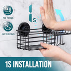 TAILI Shower Caddy Suction Cup with Hooks and Soap holder, Heavy Duty Bathroom Shower Organizer, No Drilling Bathroom Holder with Large Capacity, Metal Black Storage Basket - style: 1×Black
