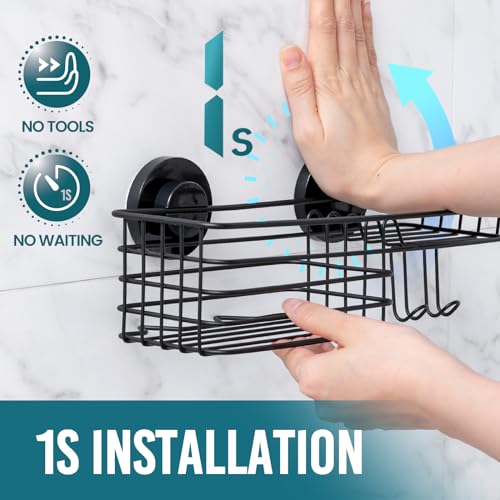 TAILI Shower Caddy Suction Cup with Hooks and Soap holder, Heavy Duty Bathroom Shower Organizer, No Drilling Bathroom Holder with Large Capacity, Metal Black Storage Basket - style: 1×Black