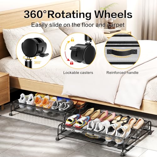 Under Bed Shoe Storage Organizer, 2 Pack Under Bed Storage Containers with Wheels for Under Bed Shoe Organizer Drawer Space Saving for bedroom - size: 2pcs