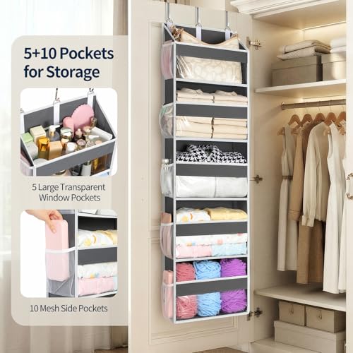 Yecaye 5 Tier Clear Over the Door Organizer Hanging, 5 Large Plastic Pockets and 10 Side Pockets Back of Door Organizer, 56lbs Weight Capacity Behind the Door Storage for Nursery, Deep Gray - color: Deep Grey