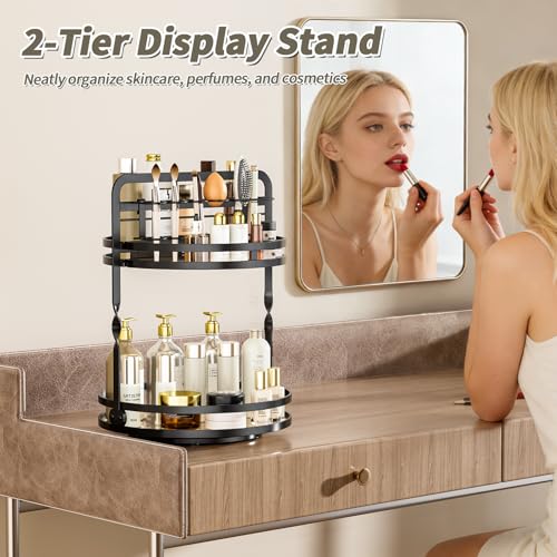 360° Rotating Makeup Organizer, 2-Tier Black Perfume Organizer for Dresser, Bathroom Organizers Countertop, Perfume Shelf with Makeup Brush Holder, Skincare Holder Cosmetic Display(Black) - color: Black