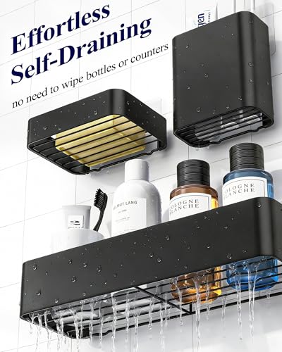 Kitsure Shower Caddy Adhesive - 6-Pack, No-Drilling Shower Shelves with Soap Holder, Toothbrush Holde, 6 Hooks, Rustproof & Stylish Bathroom Organizers and Storage Solution, Black, Large - color: Black