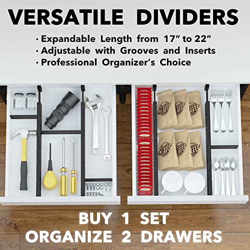 SpaceAid Bamboo Drawer Dividers with Inserts and Labels, Kitchen Adjustable Drawer Organizers, Expandable Organization for Home, Office, Dressers, 4 Dividers with 9 Inserts (17"-22" Black) - color: BLACK, size: 2.35''H, 17''-22''L, 4 Dividers