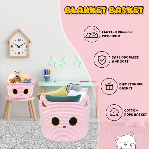Small Storage Cat Basket, Pinks Cotton Rope Woven Basket for Nursery With Ears Toy Organizer Baskets for Gift, Cat Dog Bin Toys 8.5×4.5 inches - color: Pink, size: 9 × 5 inches