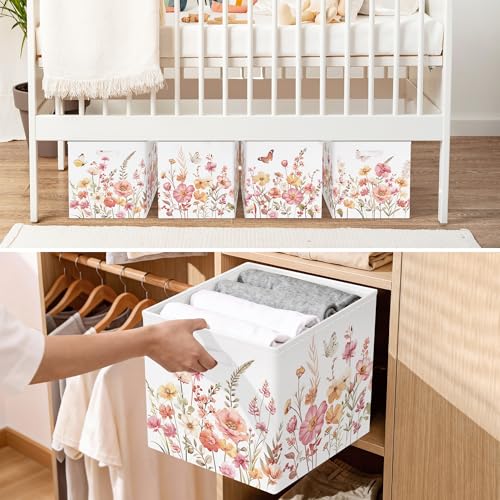 11.8" Wild Flower Storage Cube Organizer Set 3Pcs Clothes Storage Basket Bin for Closet Shelf Garden Butterfly Nursery Kid Room Book Toy Chest, Wildplants - color: Wildplants