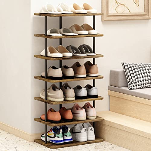 AZERPIAN Shoe Rack 7 Tier Vertical Storage Organizer Double Row Narrow Metal Slim Shelf Modern Free Standing Shoe Tower Saving Space for Closet Entryway Bedroom,Black+Rustic Brown - color: Black+rustic Brown, size: 7 Tier-Double Row