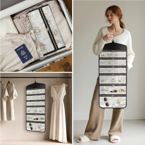 CHICECO Hanging Jewelry Organizer With Zippered Pockets,40 Pockets Travel Jewelry Organizer Storage for Cloest,Wall,Door - color: 1Beige