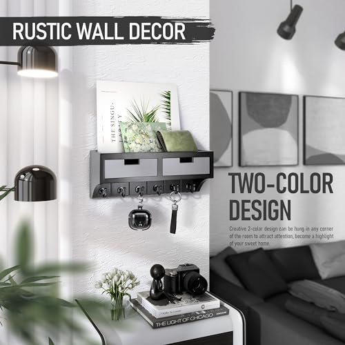 Rebee Vision Key Holder Wall Mount with 2 Organizer Drawers : Decorative Mail Organizer for Wall with 6 Key Hooks and Small Wall Shelf - Modern Aesthetic Room Decor (Black & Gray) - color: Black & Gray, style: 2-Drawer
