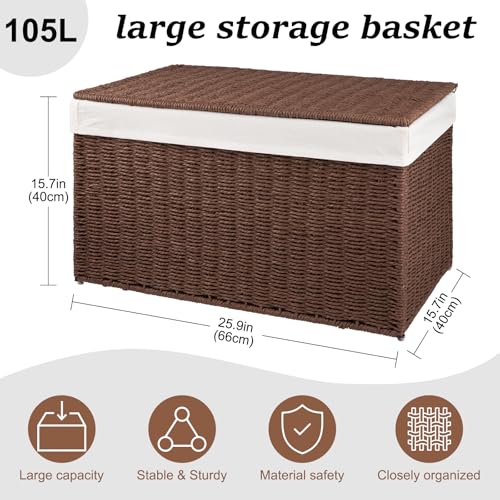 OIAHOMY Storage Basket with Lid, 27.7 Gallon (105L) Blanket Basket with Removable Separated Liner Bag, Paper Rope Hamper with Handle, Foldable, Shelf Basket for Living Room, Brown - color: Brown