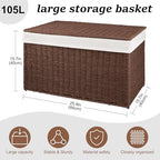 OIAHOMY Storage Basket with Lid, 27.7 Gallon (105L) Blanket Basket with Removable Separated Liner Bag, Paper Rope Hamper with Handle, Foldable, Shelf Basket for Living Room, Brown - color: Brown