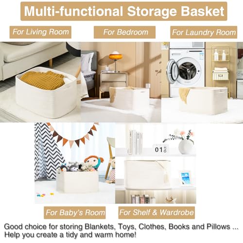 ICERZCZ Large Rectangle Blanket Basket, Large Storage Basket, Cotton Rope Woven Baskets for Storage with Handles, Toy Baskets for Baby Nursery Living Room Bedroom, 22”x17”x12”, White, 75L - color: White, size: 22”x17”x12”