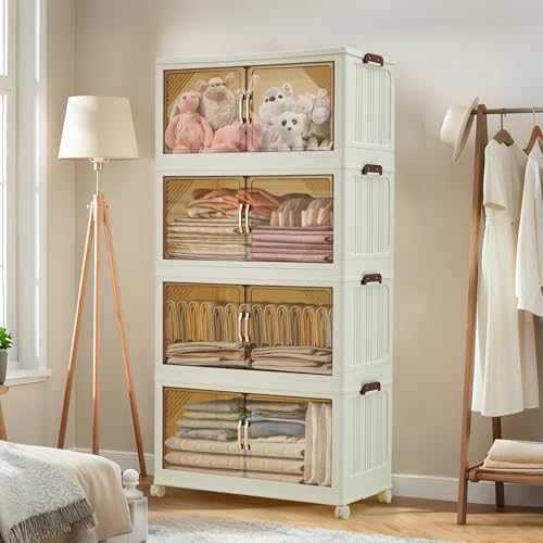 GarveeHome 192QT Stackable Storage Bins, Folding Storage Box with Magnetic Doors & Wheels, Loset Organizers and Storage with Lids, Collapsible Plastic Drawers for Bedroom Kitchen Office, White - color: 4rd floor, size: 48QT