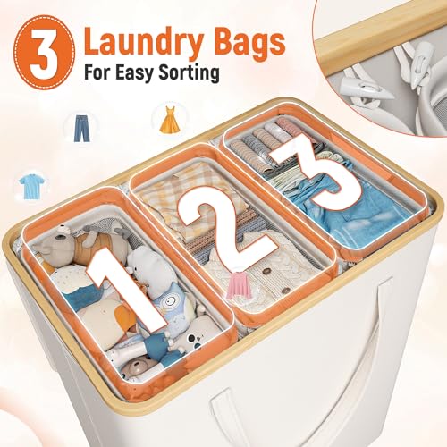 170L Laundry Hamper with Lid 3 Section, Extra Large Laundry Basket with 3 Removable Bags, Laundry Basket Organizer for Bedroom, Laundry Room, Dorm, Clothes Hamper, Beige - color: Beige, size: 170L